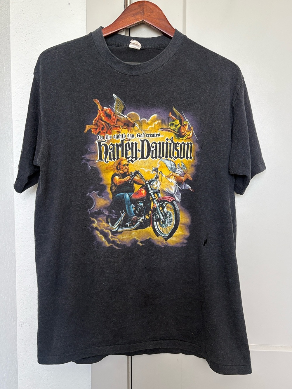 VTG 1987 HARLEY DAVIDSON ON THE EIGHT DAY GOD CREATED BLACK TSHIRT MENS XXL